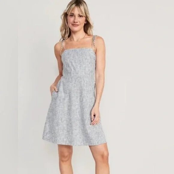 NEW Old Navy Womens Plus 2X Striped Linen Blend Dress With Tie Straps - Picture 1 of 12